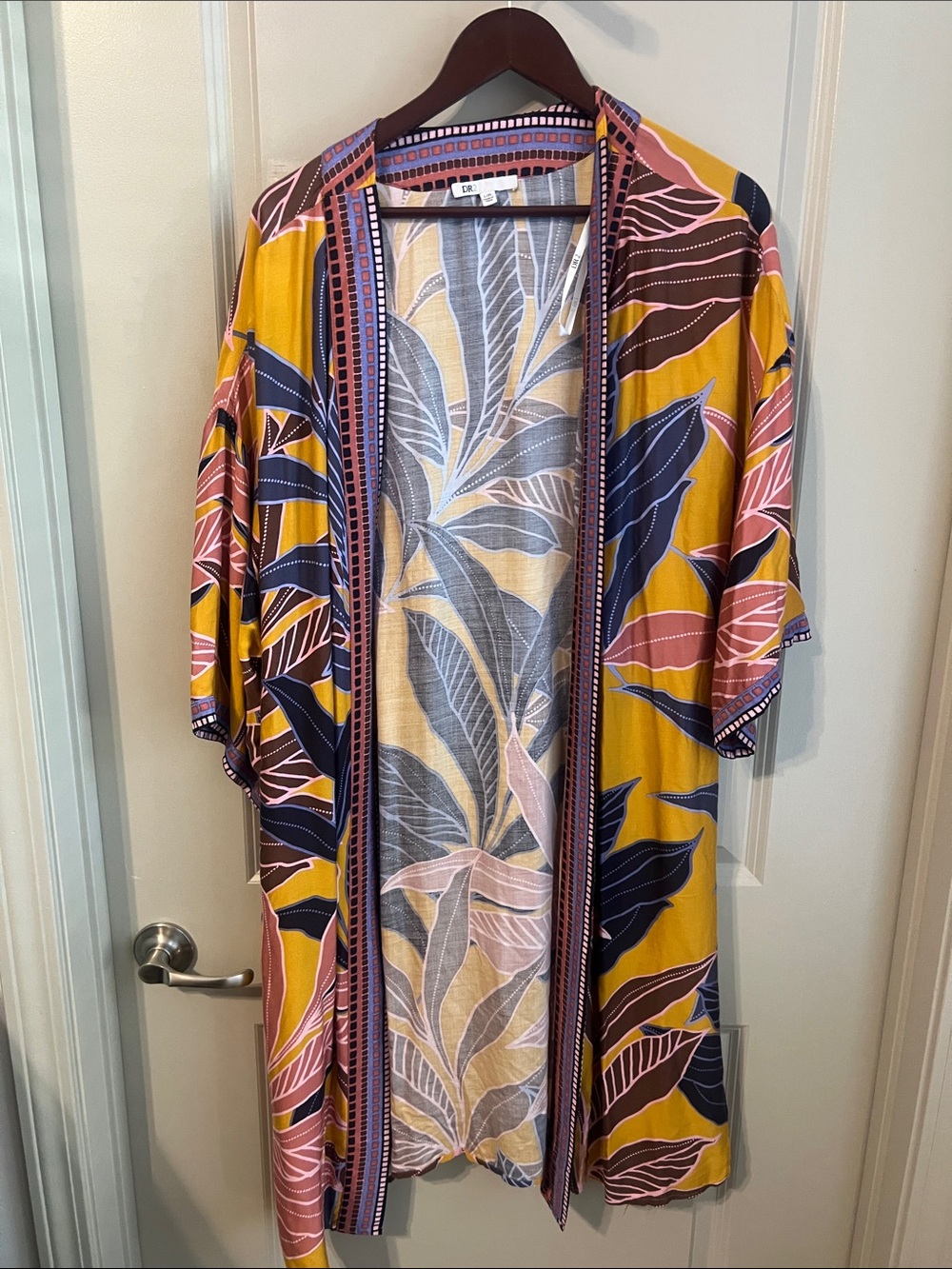 DR2 Mustard Pink Navy Leaf-Print Kimono Coverup